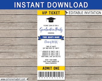 Szablon zaproszenia na dyplom ukończenia szkoły: złoty i niebieski, edytowalny tekst (pobranie cyfrowe)