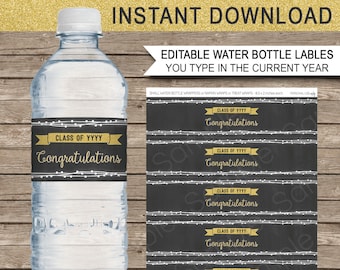 Graduation Water Bottle Labels or Wrappers - Gold Glitter & Chalkboard -  INSTANT DOWNLOAD with EDITABLE text - you change the year
