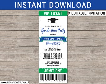 Graduation Ticket Invitation - Graduation Party - Grad Invite - Royal Blue & Green - for any Year - INSTANT DOWNLOAD with EDITABLE text