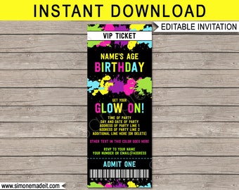 Neon Glow Party Ticket Invitation - Neon Glow Theme - Birthday Party - Printable Invite - INSTANT DOWNLOAD with EDITABLE text