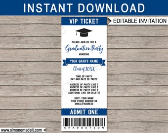 Graduation Ticket Invitation - Graduation Party - Grad Invite - Navy Blue & White - for any Year - INSTANT DOWNLOAD with EDITABLE text