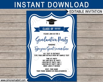 Navy Blue Graduation Party Invitations - Printable Template - Any Year - Grad Invite - INSTANT DOWNLOAD - EDITABLE text - you personalize