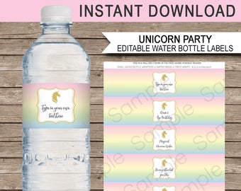 Unicorn Water Bottle Labels or Wrappers - Unicorn Theme Birthday Party Printables - Party Decorations - INSTANT DOWNLOAD with EDITABLE text