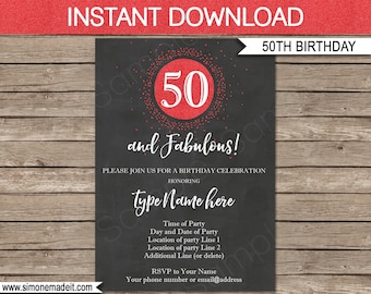 50th Birthday Invitation - 50 and Fabulous - Chalkboard & Red Glitter - INSTANT DOWNLOAD with EDITABLE text - you personalize at home