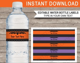 Halloween Water Bottle Labels Template - Printable Wrappers - INSTANT DOWNLOAD with EDITABLE text - your personalize