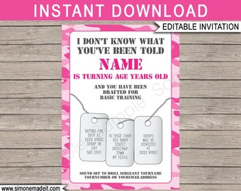 Pink Camo Invitation Template - Printable Army Theme Birthday Party Invites - INSTANT DOWNLOAD - EDITABLE text - you personalize