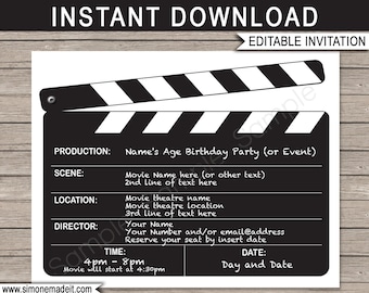 Film uitnodiging sjabloon - afdrukbare verjaardagsfeest uitnodiging - Clapboard - INSTANT DOWNLOAD - BEWERKBARE tekst - u personaliseert