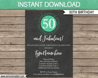 50th Birthday Invitation - 50 and Fabulous - Chalkboard & Green Glitter - INSTANT DOWNLOAD with EDITABLE text - you personalize at home