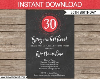 30th Birthday Invitation Template - Chalkboard & Red Glitter - INSTANT DOWNLOAD with EDITABLE text - you personalize at home