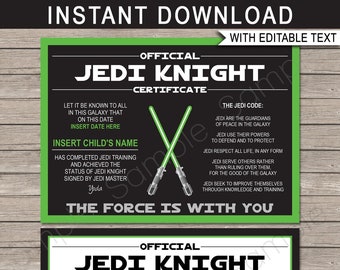Star Wars Jedi Knight Certificate: Editable Birthday Party Favor (Digital Download)