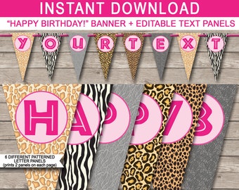 Zoo Party Banner - Animal Safari Party - Happy Birthday Banner - Custom Banner - Party Decorations - INSTANT DOWNLOAD with EDITABLE text