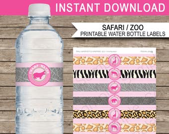 Safari Theme Water Bottle Labels for girls - Animal Safari, Jungle or Zoo Party Decorations - INSTANT DOWNLOAD Printable Template