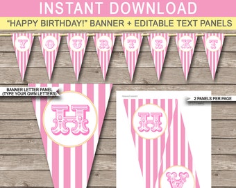 Pink Carnival Party Banner Template - Circus Theme Party - Custom Happy Birthday Banner - Party Decorations - TEXT EDITABLE DOWNLOAD