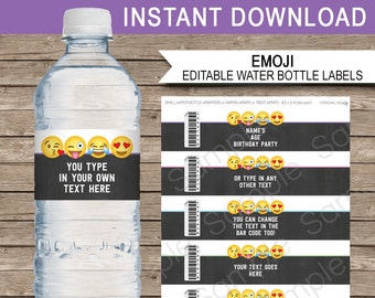 Emoji Water Bottle Labels Template - Printable Emoticon Theme Birthday Party Decorations - Wrappers - INSTANT DOWNLOAD with EDITABLE text