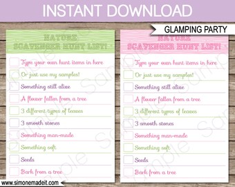 May include: Printable nature scavenger hunt list with pink and green stripes. The list includes items to find in nature, such as something still alive, a flower fallen from a tree, and bark from a tree. The text "INSTANT DOWNLOAD" is at the top of the page. The text "EDITABLE TEXT - TYPE IN YOUR OWN WORDING" is at the bottom of the page.