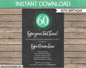 60th Birthday Invitation Template - Chalkboard & Green Glitter - INSTANT DOWNLOAD with EDITABLE text - you personalize at home