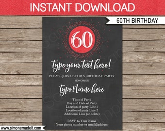 60th Birthday Invitation Template - Chalkboard & Red Glitter - INSTANT DOWNLOAD with EDITABLE text - you personalize at home