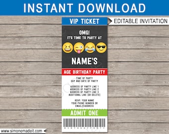 Emoji Ticket Invitation Template - Printable Boys Emoji Theme Birthday Party Invite - Emoticon - Emojional - EDITABLE TEXT DOWNLOAD