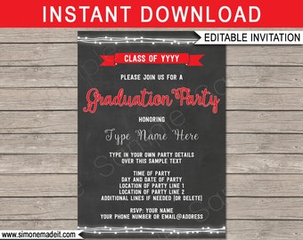 Graduation Party Invitation Template - Red Chalkboard - For Any Year - Printable Grad Party Invite - INSTANT DOWNLOAD with EDITABLE text