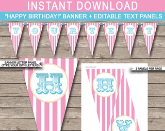 Girls Carnival Party Banner - Circus Party - Happy Birthday Banner - Custom Banner - Party Decoration -  INSTANT DOWNLOAD with EDITABLE text