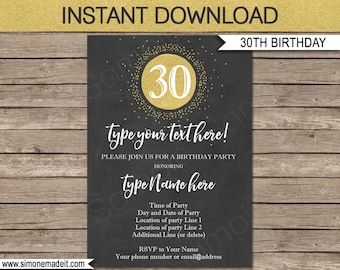 30th Birthday Invitation Template - Chalkboard & Gold Glitter - INSTANT DOWNLOAD with EDITABLE text - you personalize at home