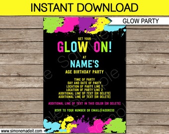 Glow Party Invitation Template - Neon Glow Theme Birthday Party - Printable Invite - INSTANT DOWNLOAD with EDITABLE text - you personalize