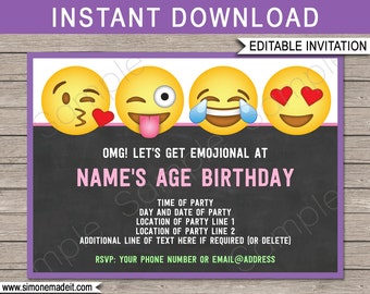 Editable Emoji Invite Template - Printable Emojional Theme Birthday Party Invitation - Wink Kiss Smiley Face Heart Eyes Emoticons