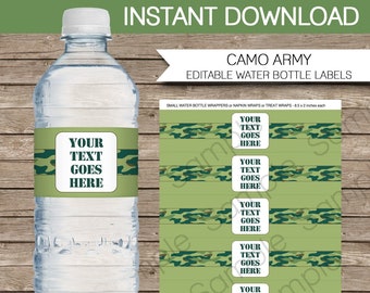 Army Water Bottle Labels Template - Printable Green Camo Theme Birthday Party Decorations - Custom Wrappers - EDITABLE TEXT DOWNLOAD