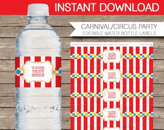 Carnival Water Bottle Labels or Wrappers - Carnival or Circus Party - INSTANT DOWNLOAD with EDITABLE text - you personalize at home