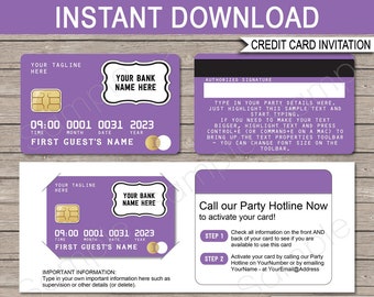 Credit Card Invitation Template - Printable Birthday Party Invite - Mall Scavenger Hunt Shopping Theme - Purple - EDITABLE TEXT DOWNLOAD