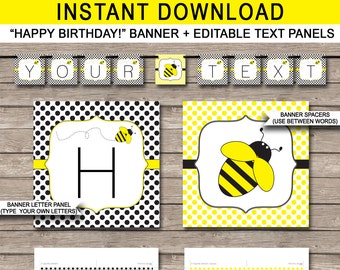 Bee Pennant Banner Template - Printable Birthday Party Decorations - Custom Bunting - INSTANT DOWNLOAD with EDITABLE text