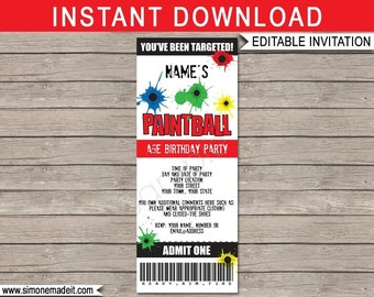 Paintball Party Ticket Invitation Template - Printable Paint Ball Theme Birthday Party Invite - EDITABLE TEXT DOWNLOAD - you personalize
