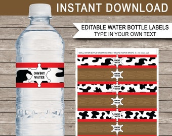 May include: Printable water bottle labels with a cowboy theme. The labels feature a red and white background with a black and white cow print pattern. The labels also include a red star with the text "COWBOY WATER" inside. The labels are 8 inches by 1.4 inches.
