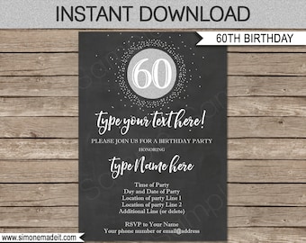 60th Birthday Invitation Template - Chalkboard & Silver Glitter - INSTANT DOWNLOAD with EDITABLE text - you personalize at home