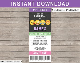 Emoji Ticket Invitation Template - Printable Emoji Theme Birthday Party Invite - Emoticon - Emojional - INSTANT DOWNLOAD with EDITABLE text