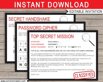 Spy Birthday Party Invitation: Secret Agent Mission, Cipher (INSTANT DOWNLOAD)
