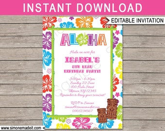 Luau Invitation - Printable Birthday Party Invite - Hawaiian Luau Theme - Aloha - INSTANT DOWNLOAD - EDITABLE text - you personalize