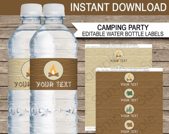 Camping Party Water Bottle Labels Template - Printable Campout Birthday Theme Wrappers - EDITABLE TEXT DOWNLOAD - you personalize at home