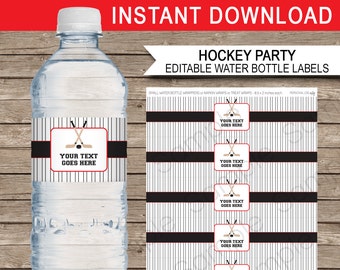Hockey Party Water Bottle Labels Template - Red Black Wrappers - Birthday Party Decorations - EDITABLE TEXT DOWNLOAD - Pdf - you personalize