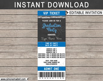 Graduation Party Ticket Invitation Template - Blue & Chalkboard - for Any Year - Printable Grad Invite - INSTANT DOWNLOAD with EDITABLE text