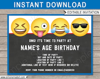 Emoji Birthday Party Invitation Template: Editable Text (Instant Download)