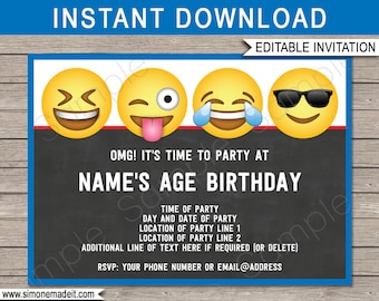 Emoji Invitation Template - Printable Boys Emoji Theme Birthday Party Invite - Emoticon - Emojional - INSTANT DOWNLOAD with EDITABLE text