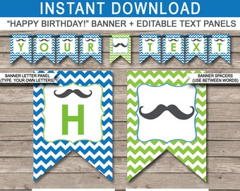 Mustache Party Banner - Happy Birthday Banner - Custom Banner - Little Man Party Decorations - Bunting - INSTANT DOWNLOAD with EDITABLE text