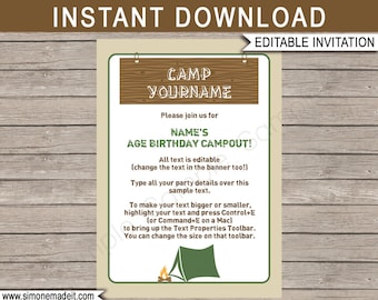 Modello di invito per festa di compleanno in campeggio: tema campeggio (testo modificabile da scaricare)