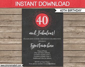 40th Birthday Invitation Template - Chalkboard & Red Glitter - INSTANT DOWNLOAD with EDITABLE text - you personalize at home