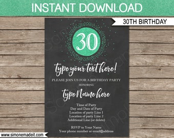 30th Birthday Invitation Template - Chalkboard & Green Glitter - INSTANT DOWNLOAD with EDITABLE text - you personalize at home