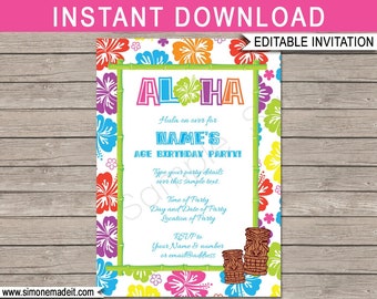 Luau Invitation Template - Printable Birthday Party Invite - Blue - Hawaiian Luau Theme - INSTANT DOWNLOAD - EDITABLE text - you personalize