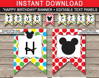 Mickey Mouse Party Banner - Happy Birthday Banner - Custom Banner - Party Decorations - Bunting - INSTANT DOWNLOAD with EDITABLE text