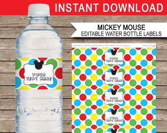 Mickey Mouse Water Bottle Labels: Editable Birthday Party Wrappers (Digital Download)