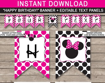 Plantilla de banner de Minnie Mouse - Decoraciones de fiesta de cumpleaños personalizadas imprimibles - DESCARGA INSTANTE - Texto EDITABLE